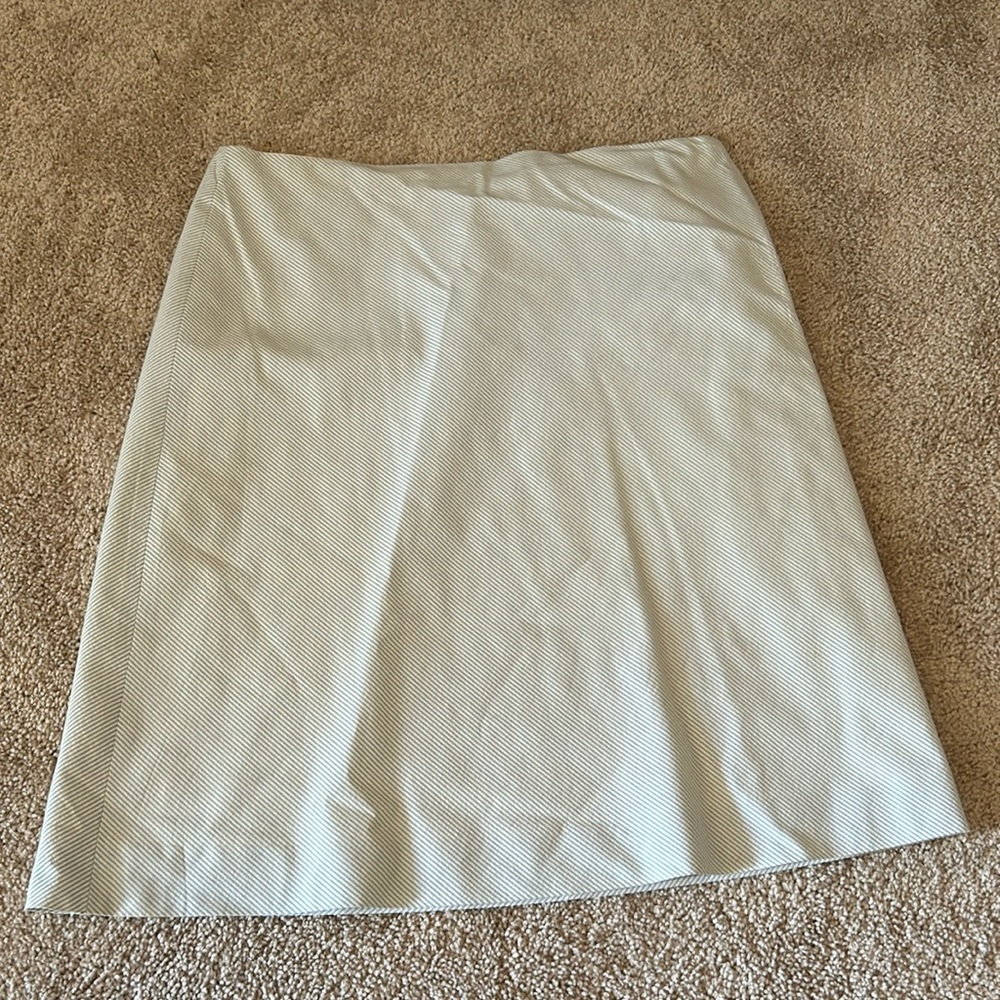 J. Crew brand, mini/pencil tan skirt with blue stripes and zipper.